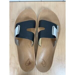 OluKai Women's Nonohe Olu Black and ;silver Leather Slides/Sandals Size 11